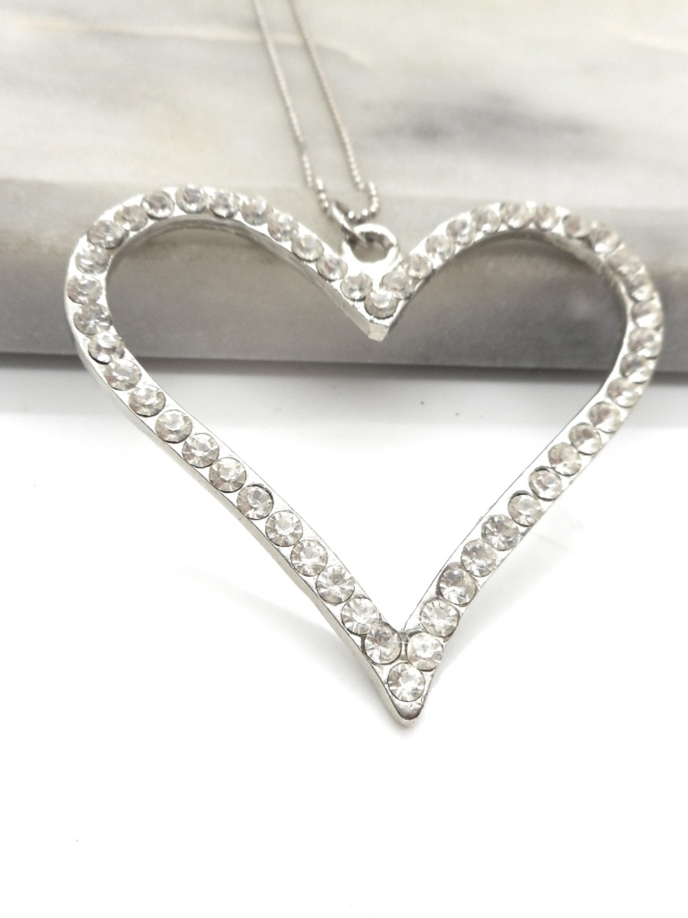 Large Open Long Heart Necklace Crystal Pave Pendant